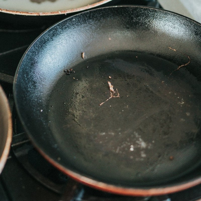 Worn, scratched non-stick frying pan