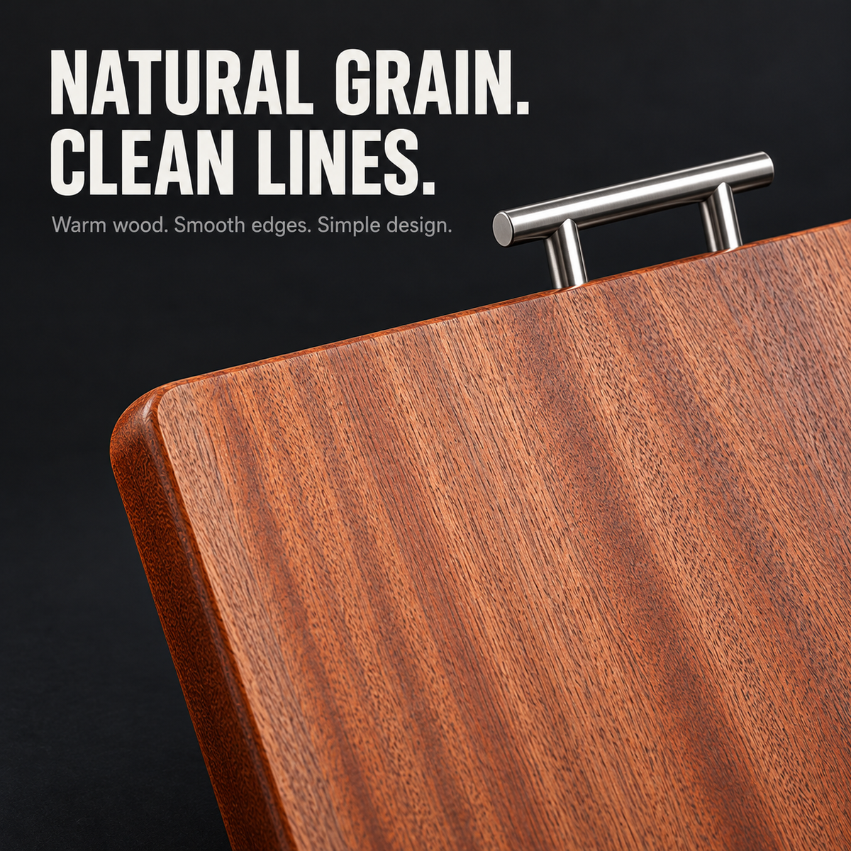 Close-up of the natural wood grain and metal handle
