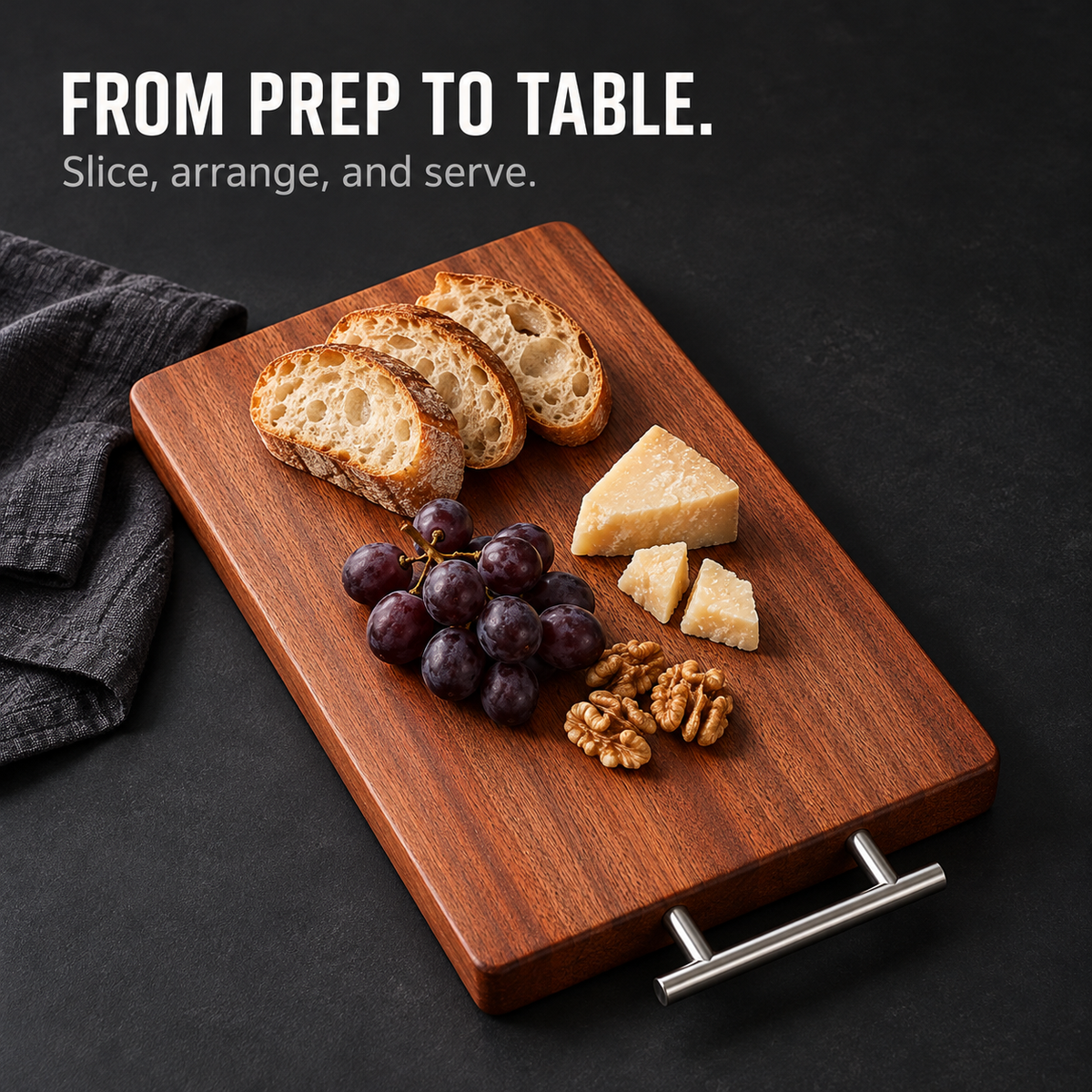 Everyday Board as a serving board with bread, cheese and grapes