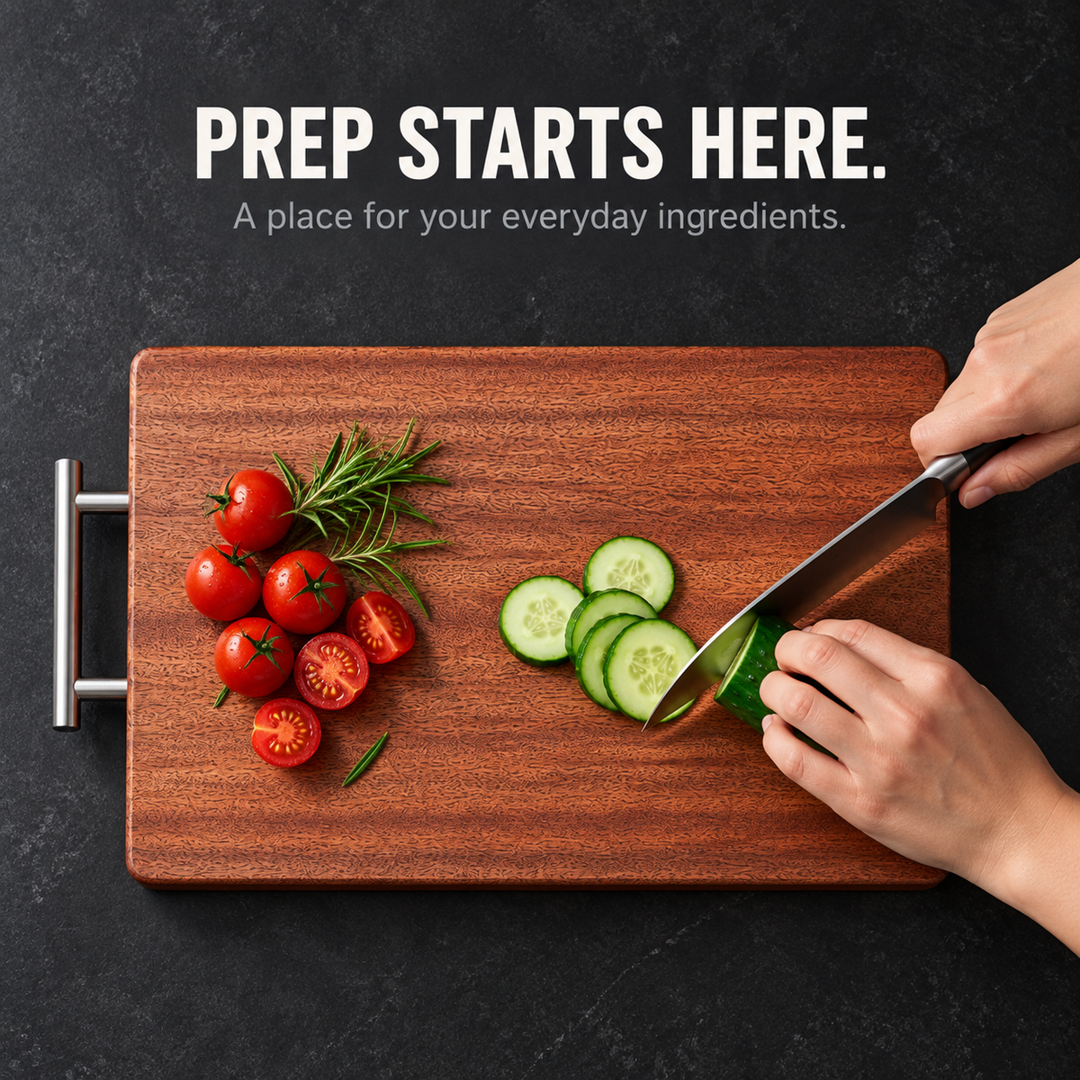 Slicing cucumber and tomatoes on the Everyday Board
