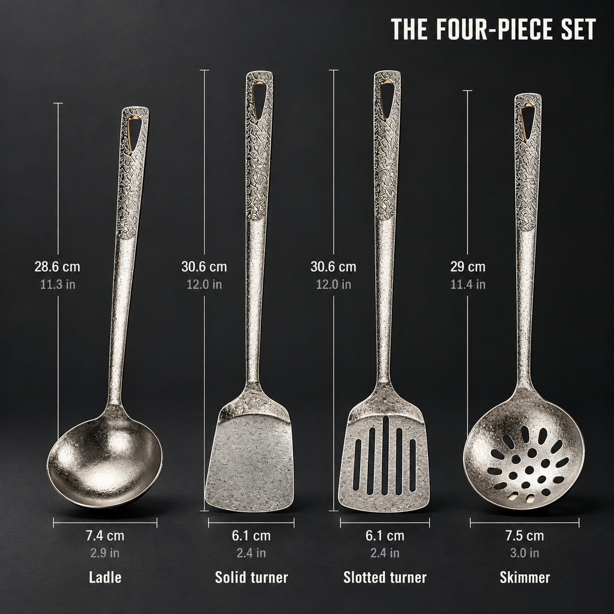 The TINOR four-piece utensil set: ladle, solid turner, slotted turner and skimmer with sizes